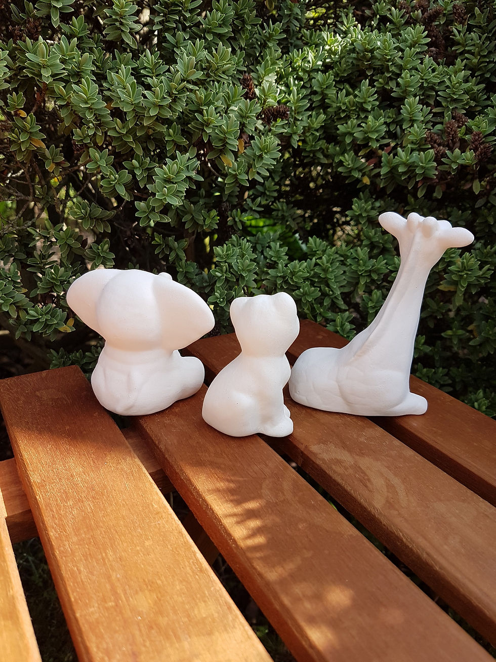 Thumbnail: African animal babies set of elephant giraffe & lion cub ceramic bisque figures back view