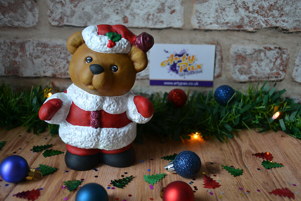 Thumbnail: Hand painted ceramic teddy bear in Santa suit figure with bronze trims front view