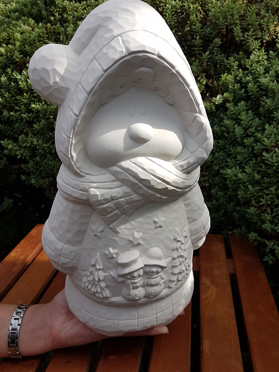 Thumbnail: Mrs Claus large ceramic bisque Christmas figure with snowman coat in hand for scale