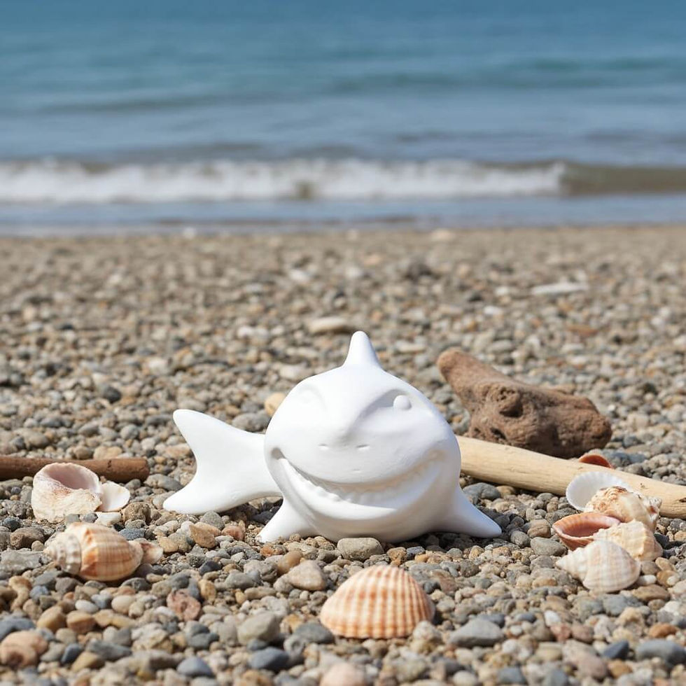 Thumbnail: Ceramic bisque shark figure on beach with shells