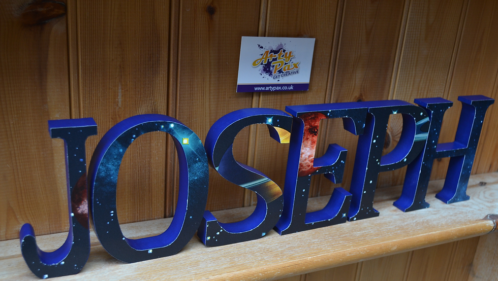 Thumbnail: Name of Joseph in blue wooden letters with a space design side view