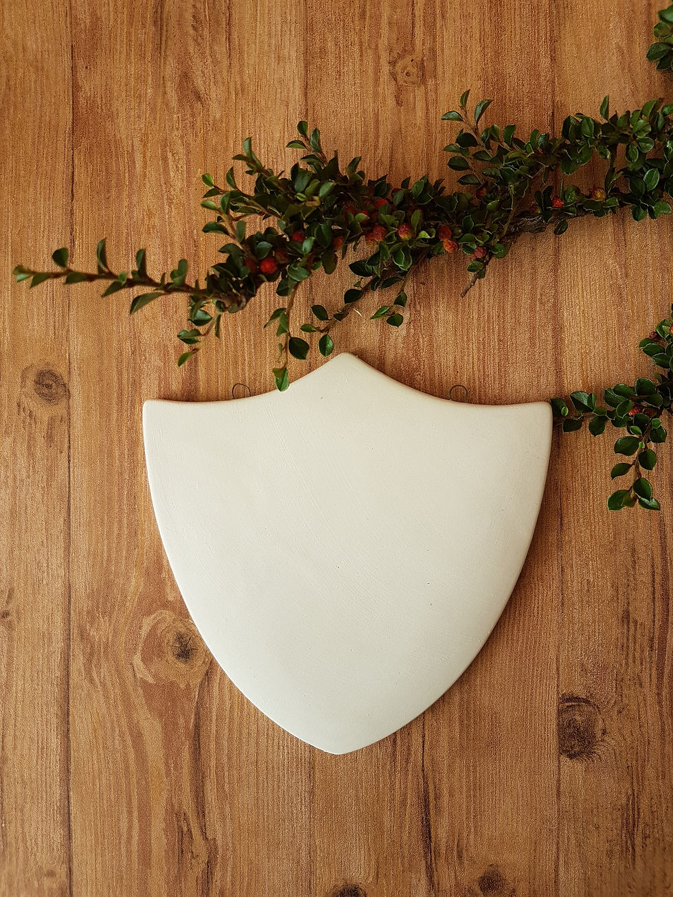 Thumbnail: Ceramic shield shaped 2d hanging plaque front view