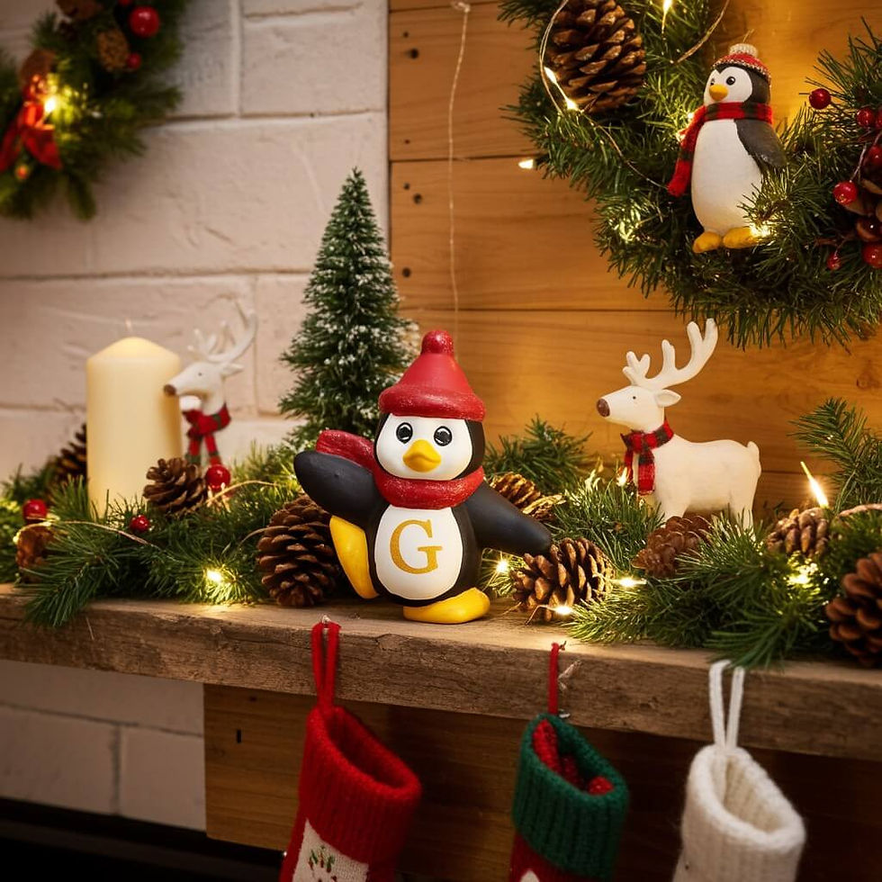 Thumbnail: Penguin with bobblehat ceramic figure hand painted with personalised initial on mantlepiece with stockings