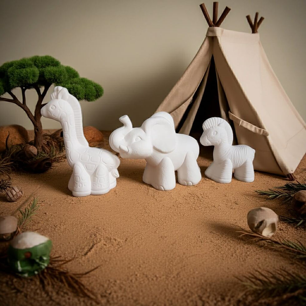 Thumbnail: Ceramic bisque African animal trio figures (giraffe, elephant and zebra) on a miniature African safari landscape model