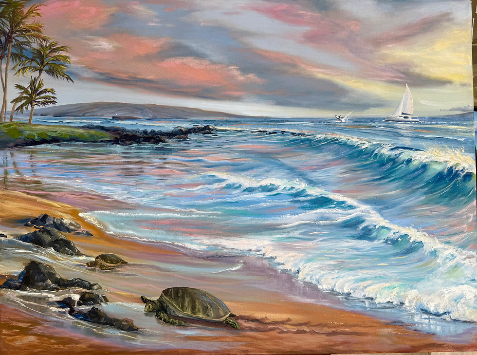 Polo Beach at sunset with surf, honu, sailboats and a whale.