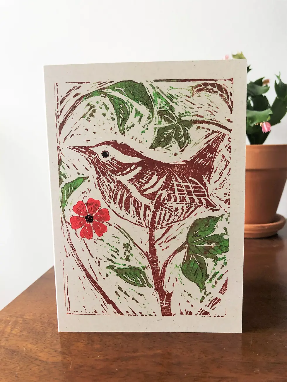 Thumbnail: handmade eco-friendly lino print card on a table