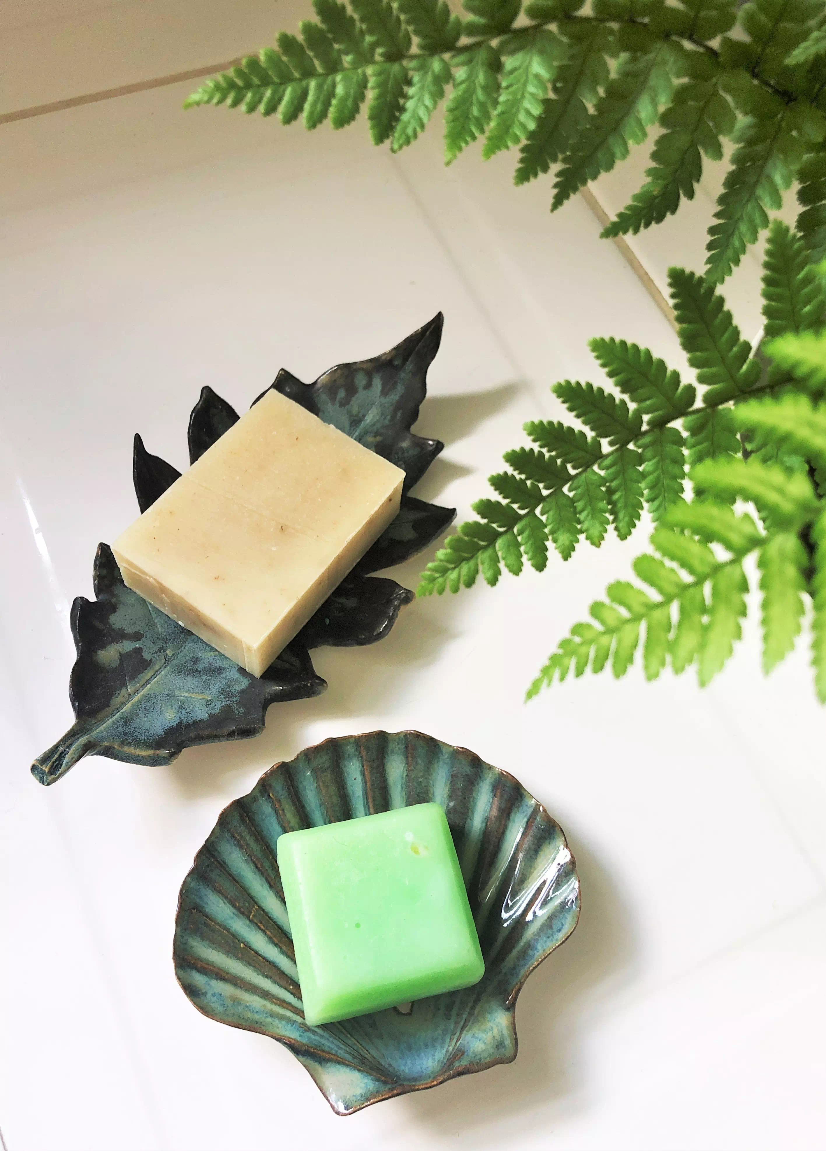 Examples of soap dishes in use. The leaf holds a soap bar and the shell holds a conditioner bar.