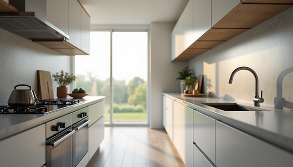 Modern kitchen desing featuring warm wooden cabinetry and clean contemporary lines