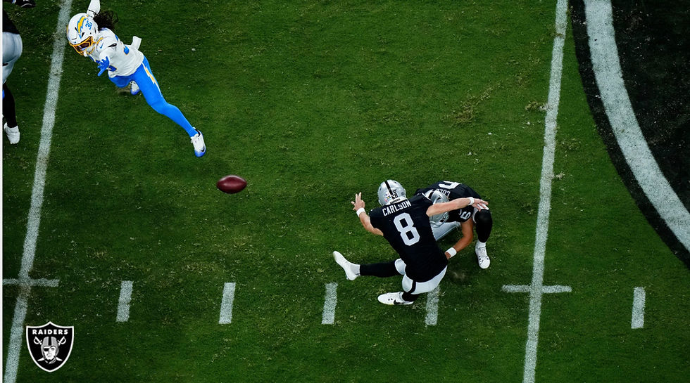 Las Vegas kicker Daniel Carlson boots one of his three made field goals in a, 20-9, loss to the LA Chargers. Photo Credit: Las Vegas Raiders