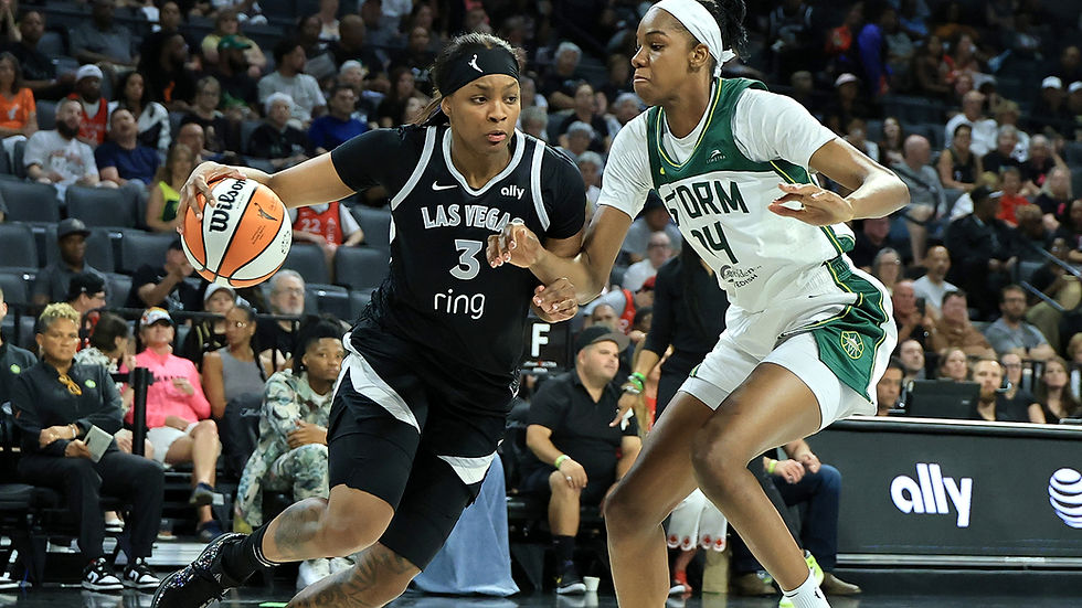 Las Vegas forward NaLyssa Smith looks to beat Seattle center Dominique Malonga off-the-dribble Friday night. Photo Credit: Las Vegas Aces