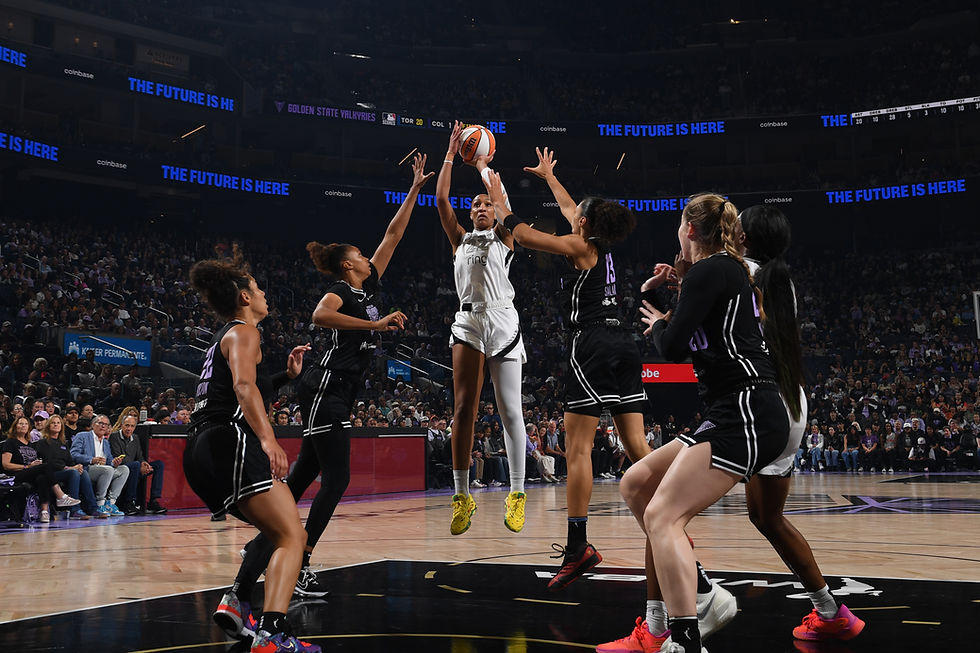 Las Vegas forward A'ja Wilson shoots over multiple Golden State defenders inside the Chase Center. Photo Credit: Las Vegas Aces