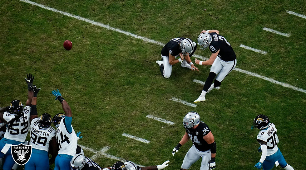 Las Vegas kicker Daniel Carlson blasts one of his two made field goals on the day during the team’s, 19-14, win over Jacksonville. Photo Credit: Las Vegas Raiders