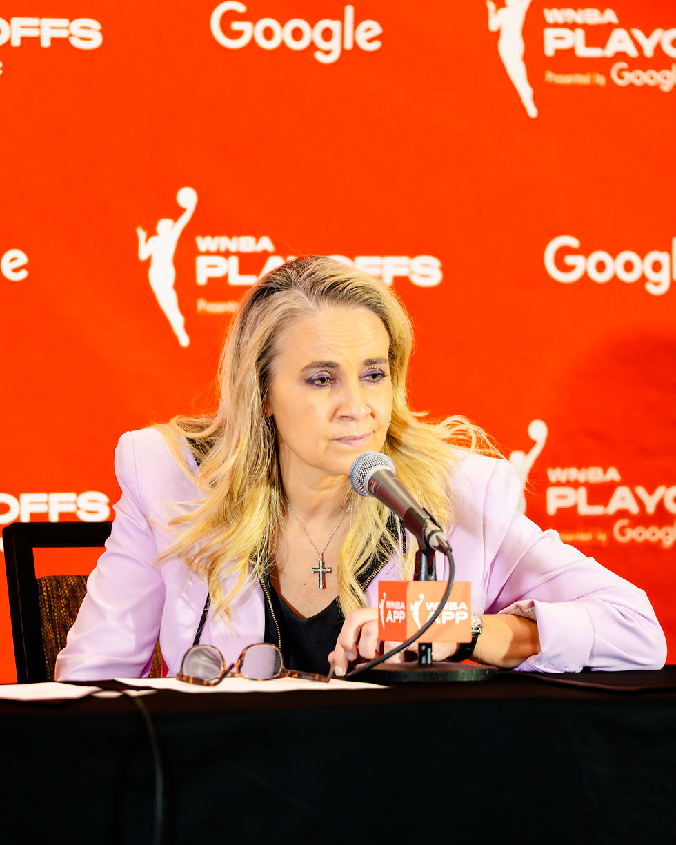 Las Vegas head coach Becky Hammon addresses the media after Game 1 from the Michelob Ultra Arena. Photo Credit: Marcell Gordon/Talk that Talk