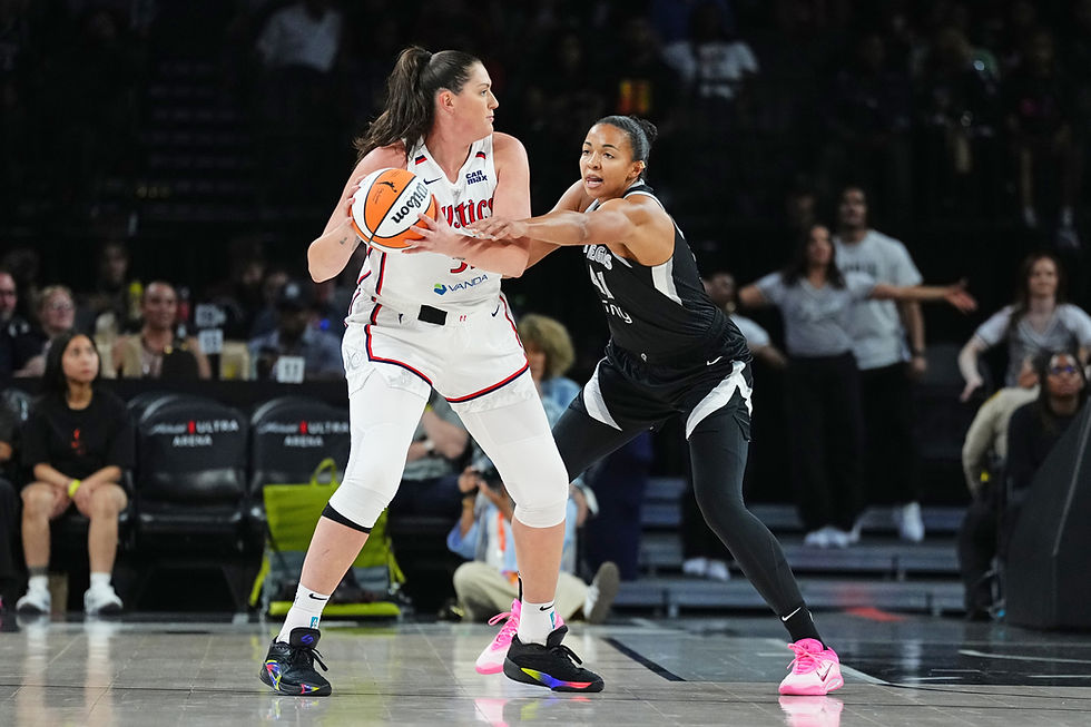 Aces forward Kiah Stokes plays defense on Mystics center Stefanie Dolson. Photo Credit: Las Vegas Aces