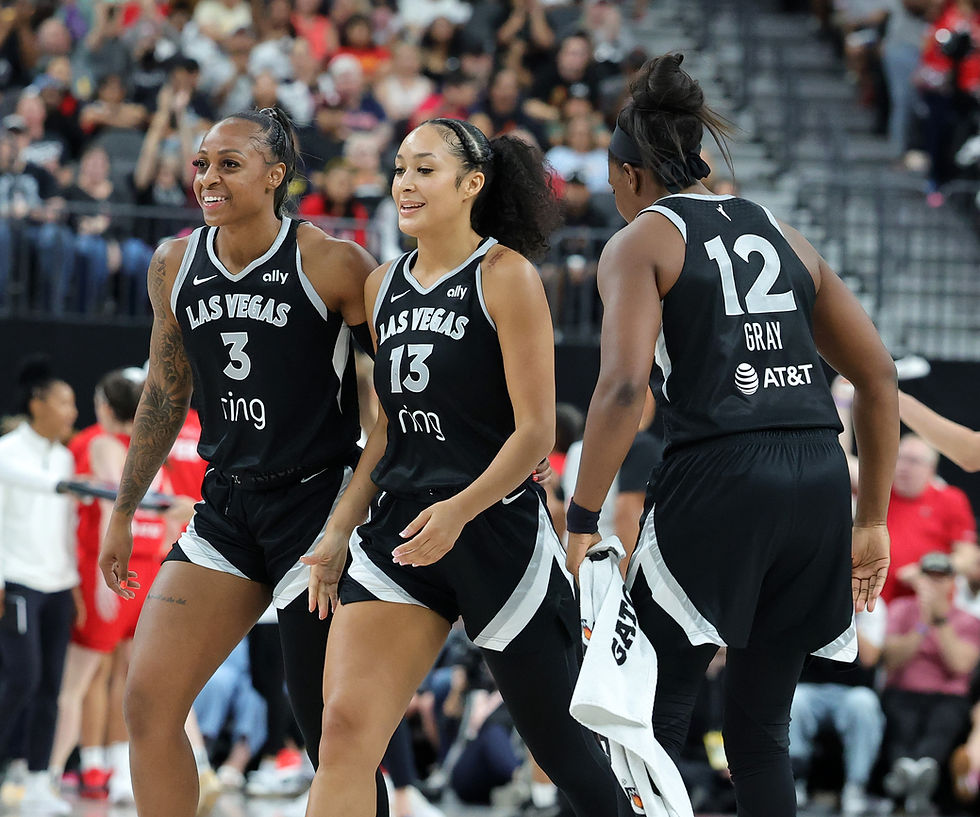Las Vegas rookie Aaliyah Nye (#13) heads to the bench while being hyped by teammates Chelsea Gray (#12) and Tiffany Mitchell (#3). Photo Credit: Las Vegas Aces
