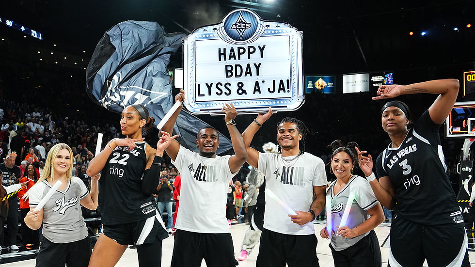 Las Vegas forwards A'ja Wilson and NaLyssa Smith pose postgame after securing a win on their respective birthdays. Photo Credit: Las Vegas Aces