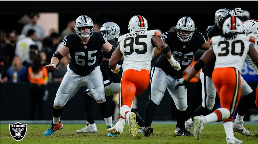 Cleveland defensive end Myles Garrett makes a move against Las Vegas offensive linemen Alex Cappa and Dylan Parham. Photo Credit: Las Vegas Raiders