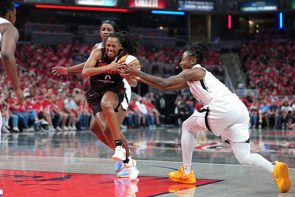 Las Vegas guard Jewell Loyd works to strip the ball away from Indiana guard Kelsey Mitchell. Photo Credit: Las Vegas Aces
