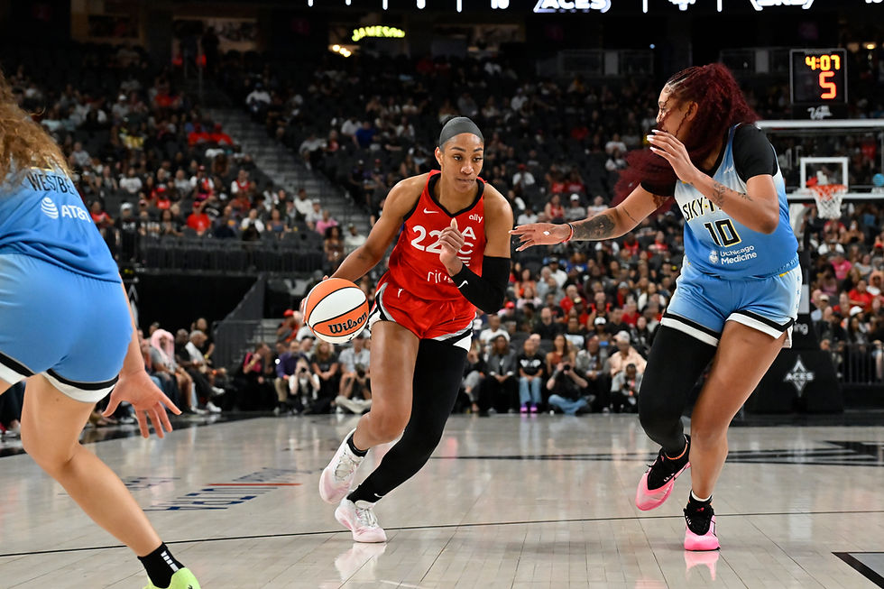 Aces forward A'ja Wilson drives past Sky center Kamilla Cardoso inside the T-Mobile Arena. Photo Credit: Las Vegas Aces