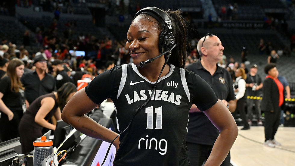 Las Vegas guard Dana Evans smiles during a postgame interview after the team's home win over Phoenix. Photo Credit: Las Vegas Aces