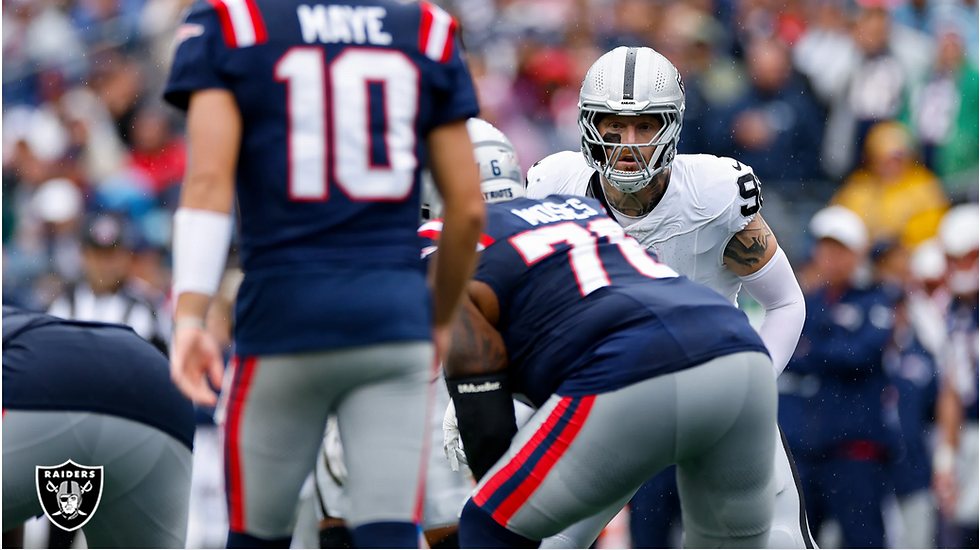 Raiders defensive end Maxx Crosby peaks over the offensive line as Patriots quarterback Drake Maye gets ready to snap the football. Photo Credit: Las Vegas Raiders