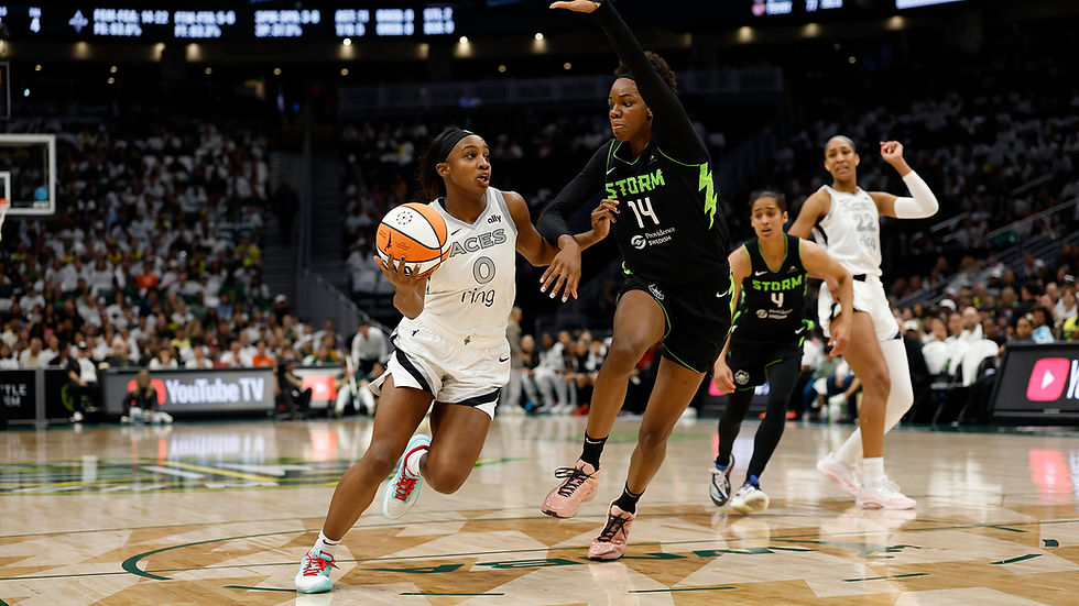 Aces guard Jackie Young looks for space inside the paint while guarded by Storm center Dominique Malonga. Photo Credit: Las Vegas Aces
