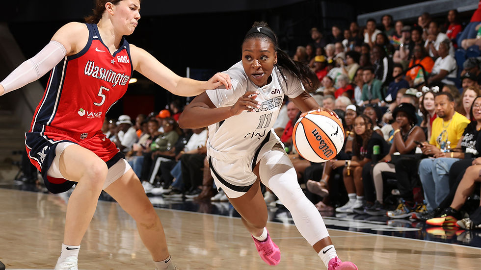 Las Vegas guard Dana Evans drives past Washington guard Jade Melbourne during her 21-point night as part of the team's road win. Photo Credit: Las Vegas Aces