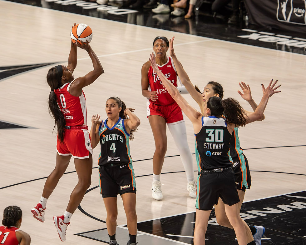 Aces guard Jackie Young hangs in the air for a jumpshot against the Liberty. Photo Credit: Adan Castillo/Talk that Talk