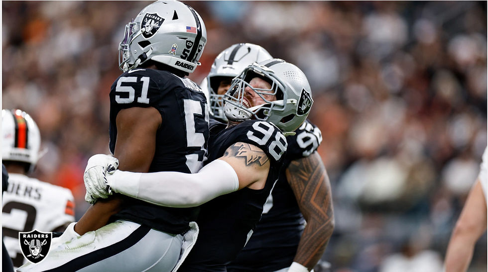 Raiders defensive end Maxx Crosby (#98) picks up teammate Malcolm Koonce (#51) after securing the team's only sack in a loss to the Browns. Photo Credit: Las Vegas Raiders