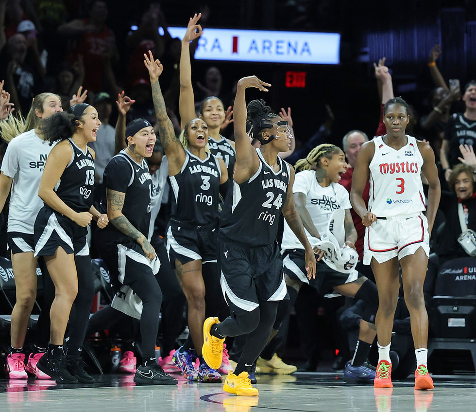 Aces guard Jewell Loyd reacts after hitting the go-ahead three-pointer in front of her team's bench in a three-point win Friday night. Photo Credit: Las Vegas Aces