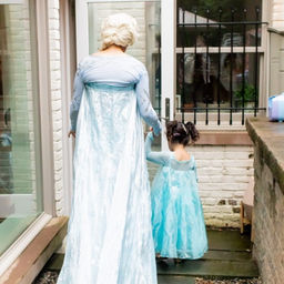 
In this enchanting image, Elsa from the movie Frozen is captured walking hand in hand with a gleeful birthday child. Elsa, adorned in her majestic ice-blue gown, walks gracefully beside the child, who is dressed in party attire and wearing a radiant smile. The child's eyes sparkle with excitement as they take confident strides alongside their beloved character.