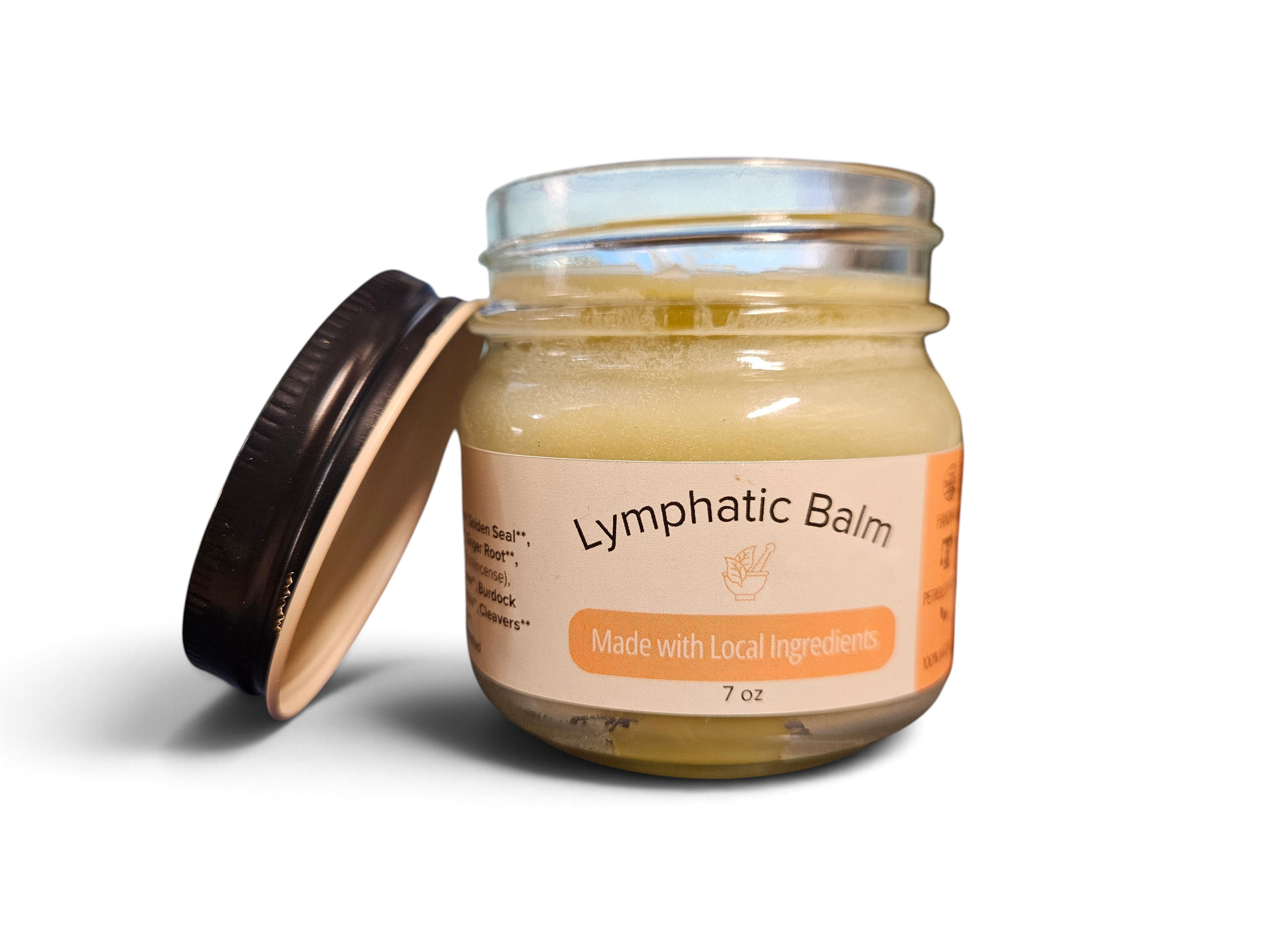 JML's Lymphatic balm in a glass jar on a white background