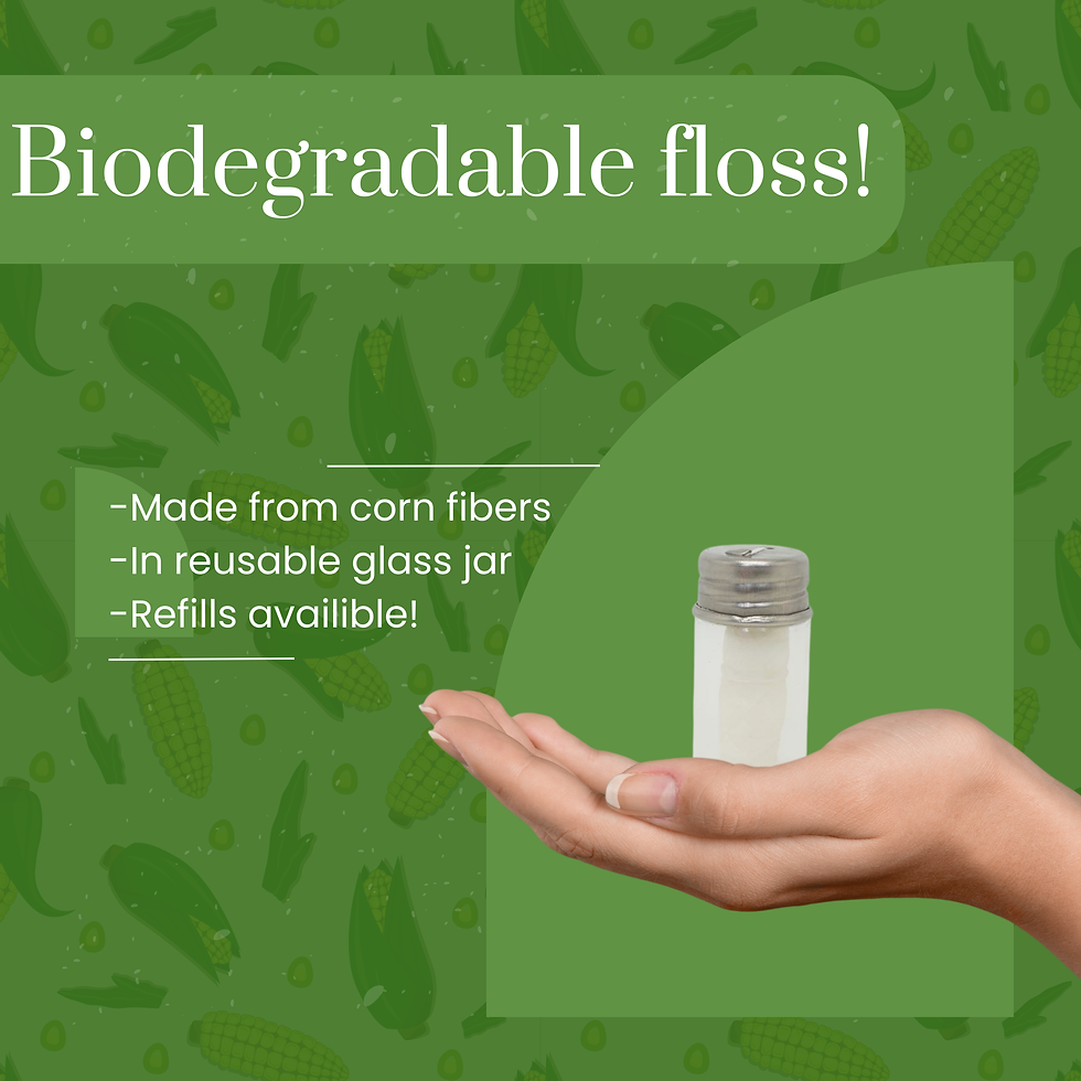 Thumbnail: Woman's hand holding a biodegradable floss jar: Made from corn fibers.