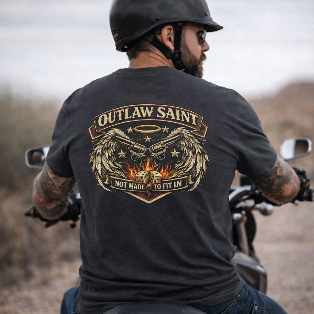 Outlaw Saint T-Shirt — Vintage Eagle Biker Graphic ("Not Made to Fit In")