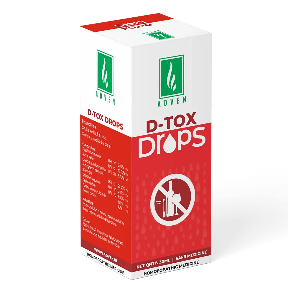 Adven D-Tox Drops 30ml bottle for homeopathic detox.