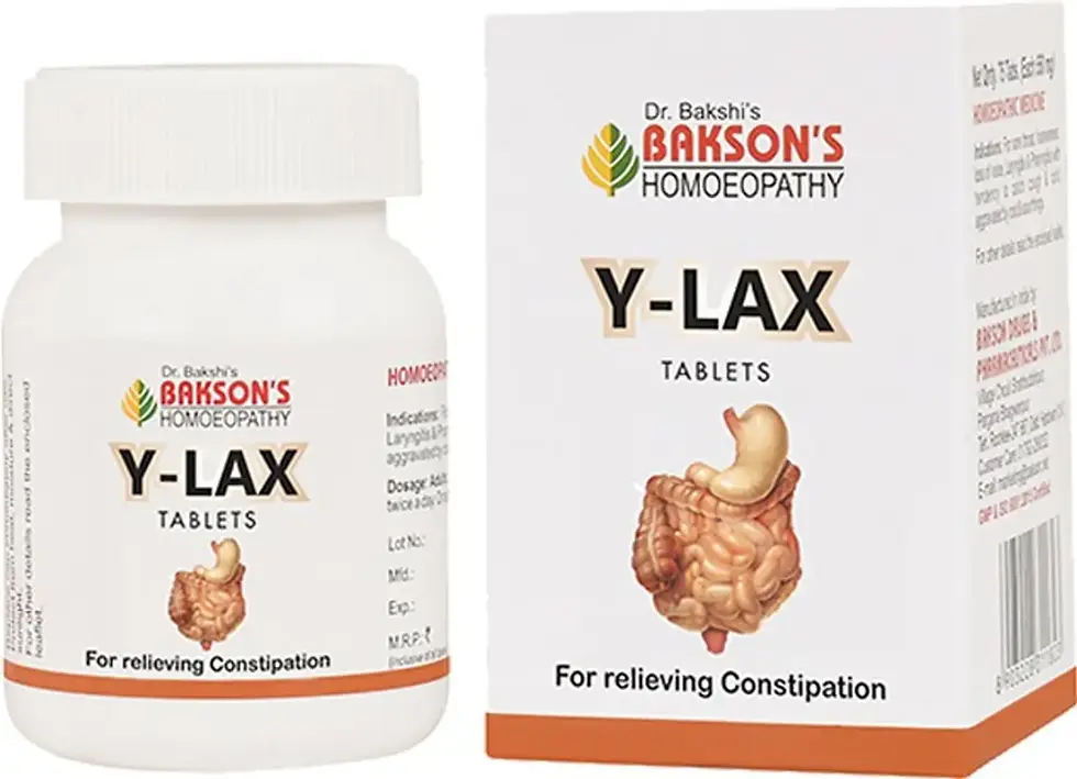 Bakson's Y-Lax Tablets bottle and box for constipation