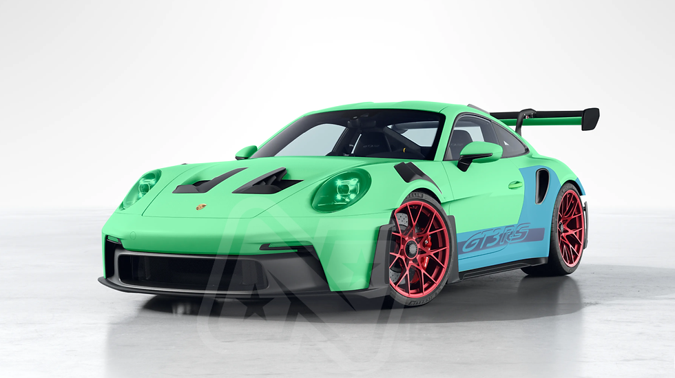 Illustration of N-TECH's Flat Out Package on a Porsche 911 GT3RS — green shows the first PPF layer, 