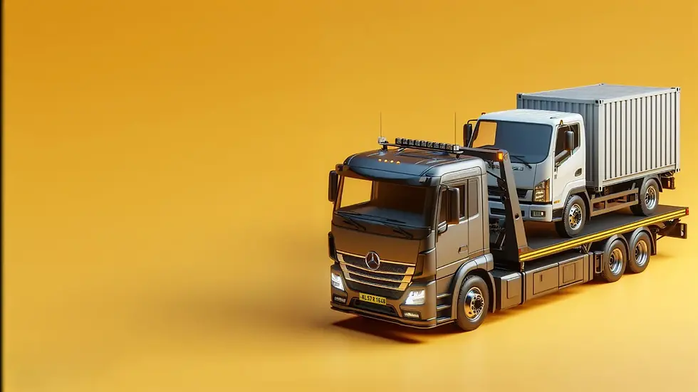 a heavy duty flatbed towtruck towing a transport truck