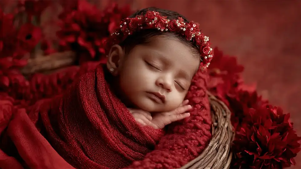 Sleeping baby in a basket, wrapped in red fabric with a matching floral headband. Surrounded by red flowers, creating a peaceful mood.