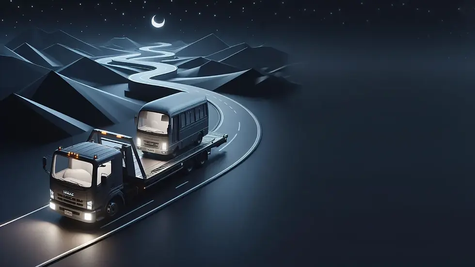 a heavy duty flatbed towtruck transporting a van at night