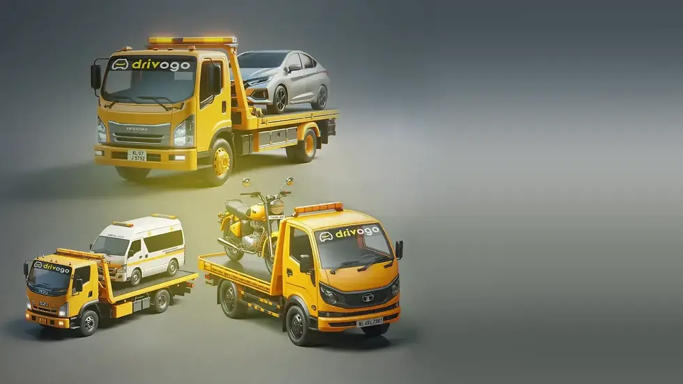 four tow trucks carrying various vehicles, including a car, an ambulance, and a motorcycle.