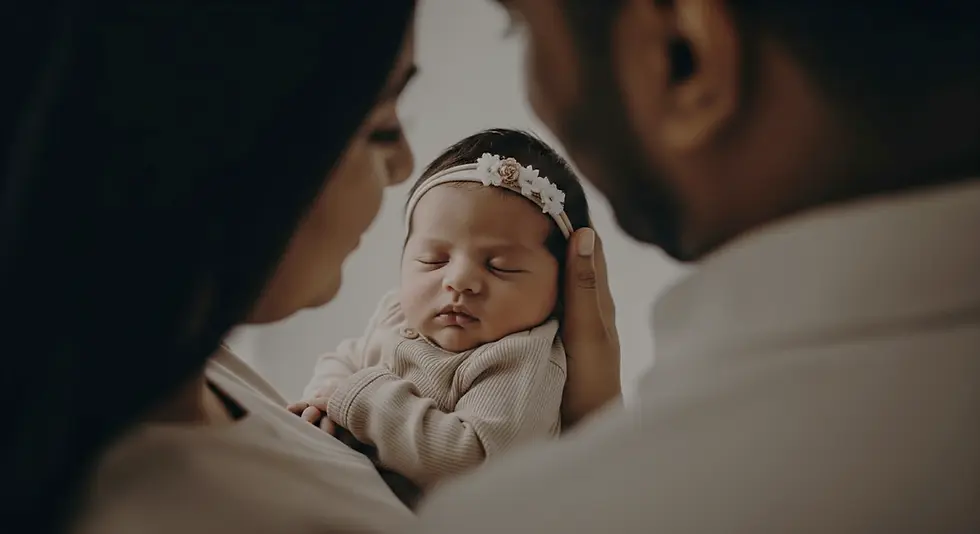 Newborn baby Aarohi sleeping peacefully, cradled tenderly in her parents' arms during her photoshoot