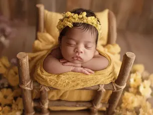 baby Eva on tiny wooden bed, wrapped in yellow, with a yellow floral headband