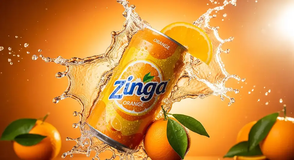 can of Zinga orange drink in a dynamic splash of liquid with fresh oranges on a vibrant background.