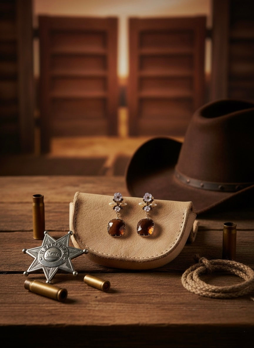 Earrings and accessories display with hat and star badge on wooden table.