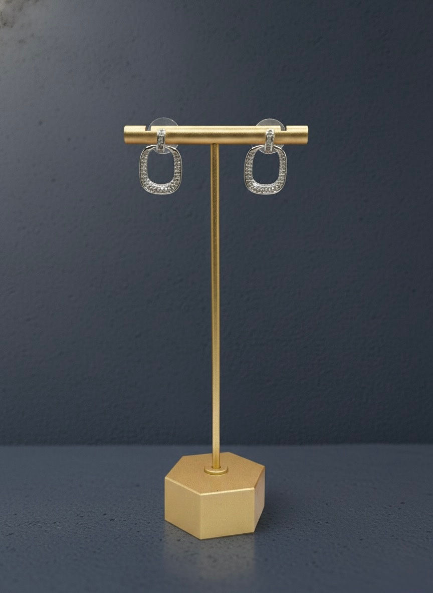 Gold earring display stand with square earrings, Lavish Jewellery