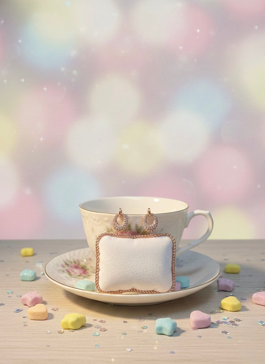 Delicate earrings in a teacup with a jewelry pillow and Lavish Jewellery.