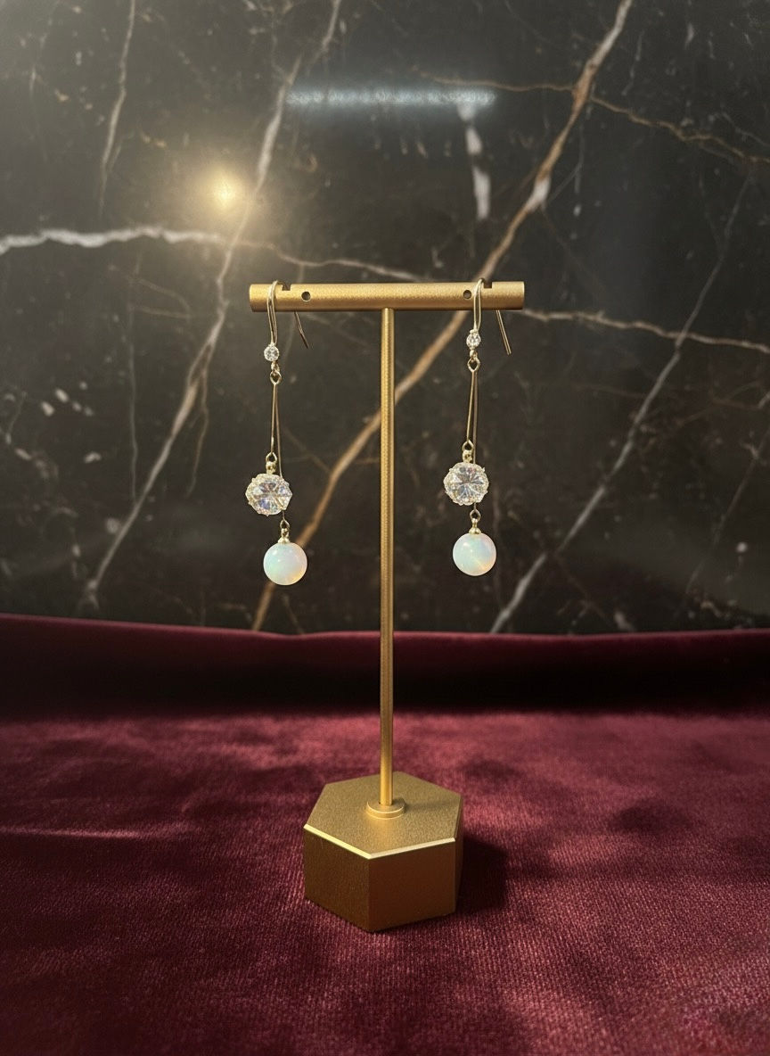 Elegant earrings displayed on a golden stand, with round gemstones and clear accents. Lavish Jewellery