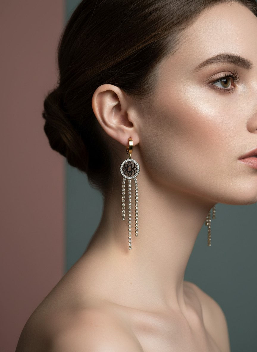 Elegant woman wearing a Zirconia Gold Colour Earring with a stylish background. Lavish Jewellery