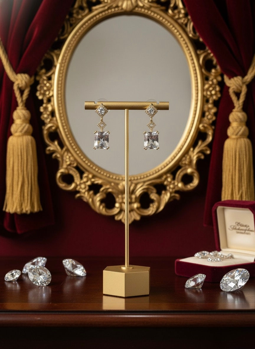 Elegant diamond earrings on display stand, mirror background, lavish jewellery.